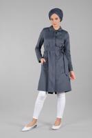 Tesettür giyim GRİ GİZLİ DÜĞMELİ İŞLEME DETAYLI TRENÇKOT 1221 