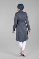 Tesettür giyim GRİ GİZLİ DÜĞMELİ İŞLEME DETAYLI TRENÇKOT 1221 