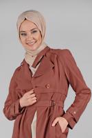 Tesettür giyim KAHVE BELDEN KEMERLİ TENSEL TRENÇKOT 1222