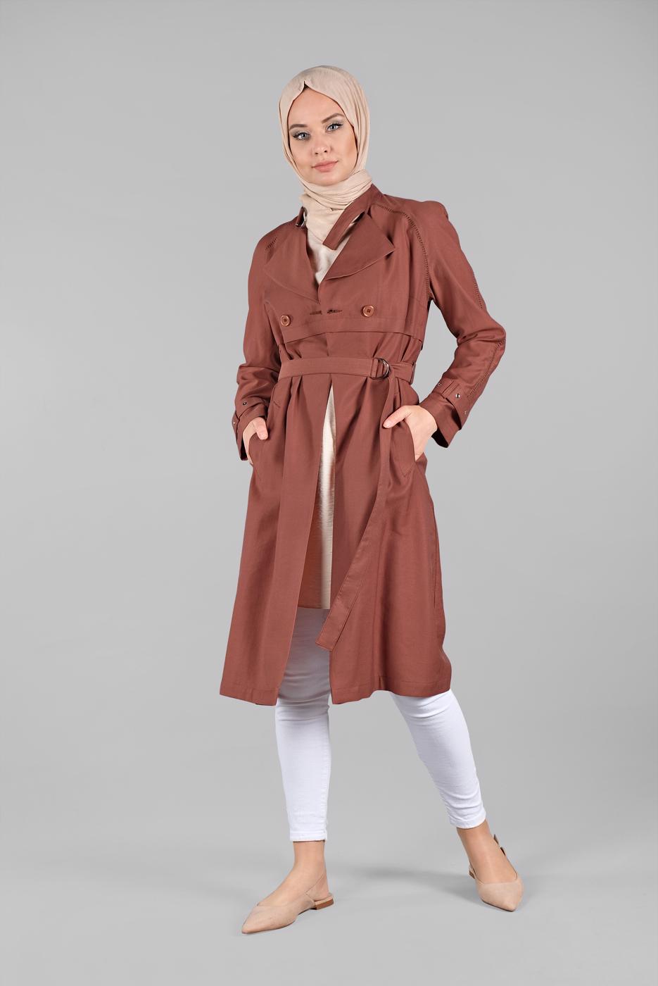 Tesettür giyim KAHVE BELDEN KEMERLİ TENSEL TRENÇKOT 1222