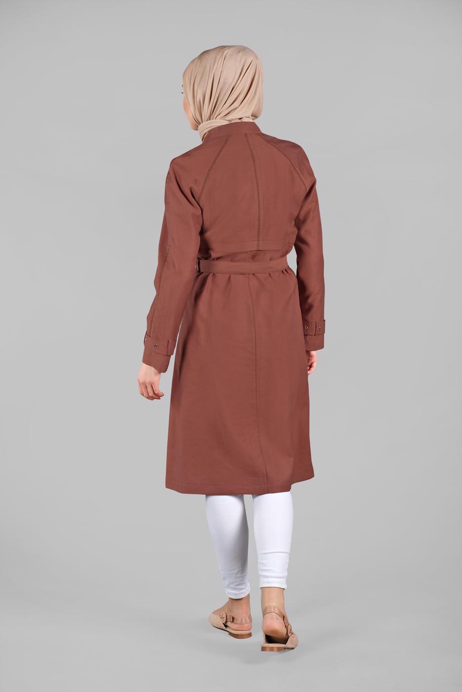 Tesettür giyim KAHVE BELDEN KEMERLİ TENSEL TRENÇKOT 1222