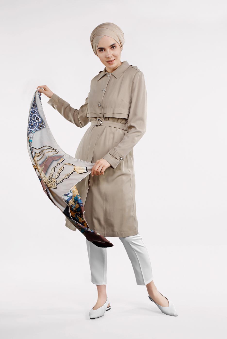 Tesettür giyim BEJ BEL VE MANŞETİ KEMERLİ DÜĞMELİ TRENÇKOT 1224