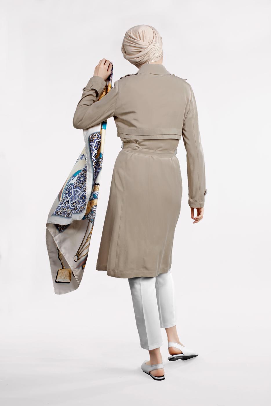 Tesettür giyim BEJ BEL VE MANŞETİ KEMERLİ DÜĞMELİ TRENÇKOT 1224