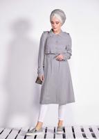 Tesettür giyim GRİ BEL VE MANŞETİ KEMERLİ DÜĞMELİ TRENÇKOT 1224