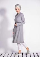 Tesettür giyim GRİ BEL VE MANŞETİ KEMERLİ DÜĞMELİ TRENÇKOT 1224