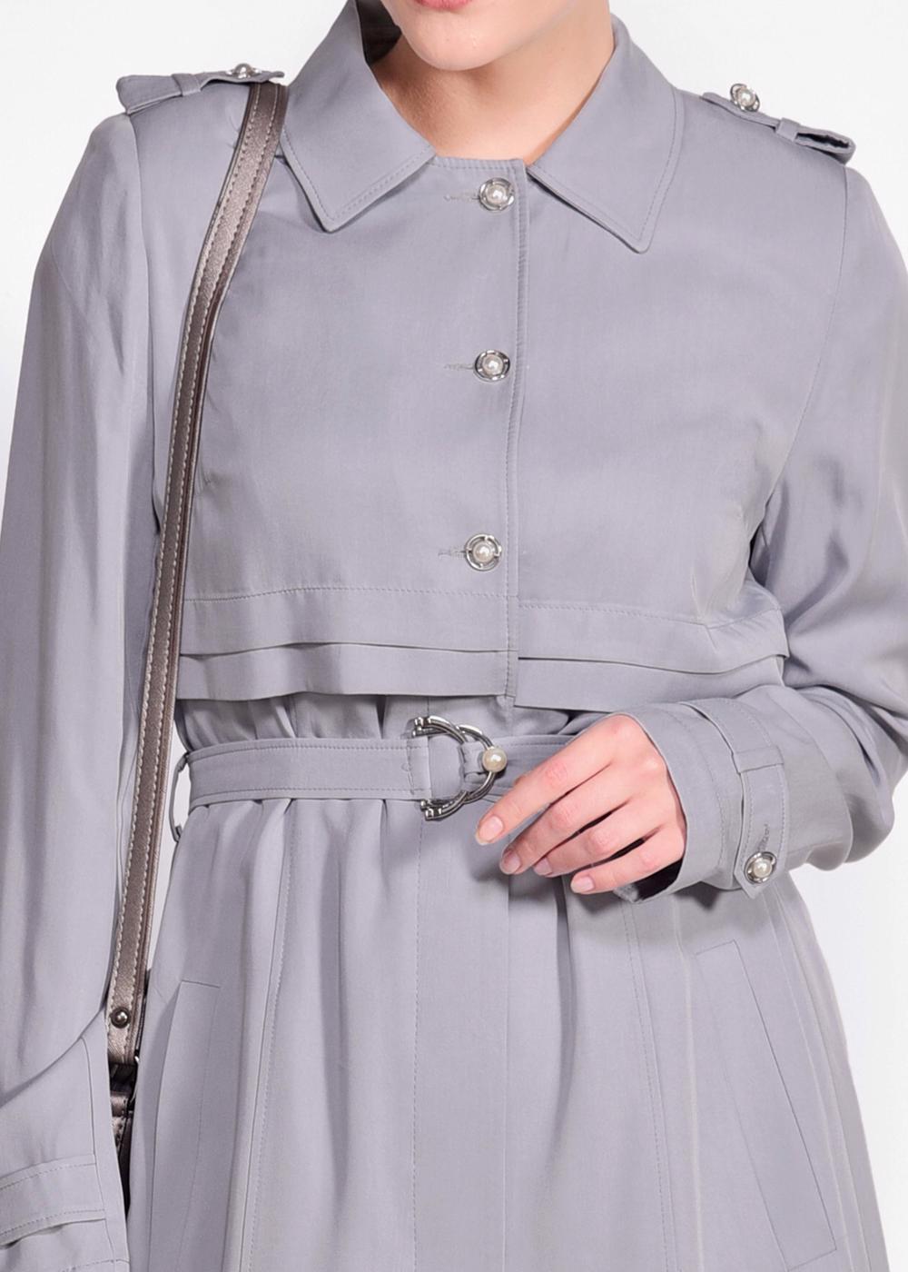 Tesettür giyim GRİ BEL VE MANŞETİ KEMERLİ DÜĞMELİ TRENÇKOT 1224