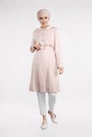 Tesettür giyim PUDRA BEL VE MANŞETİ KEMERLİ DÜĞMELİ TRENÇKOT 1224