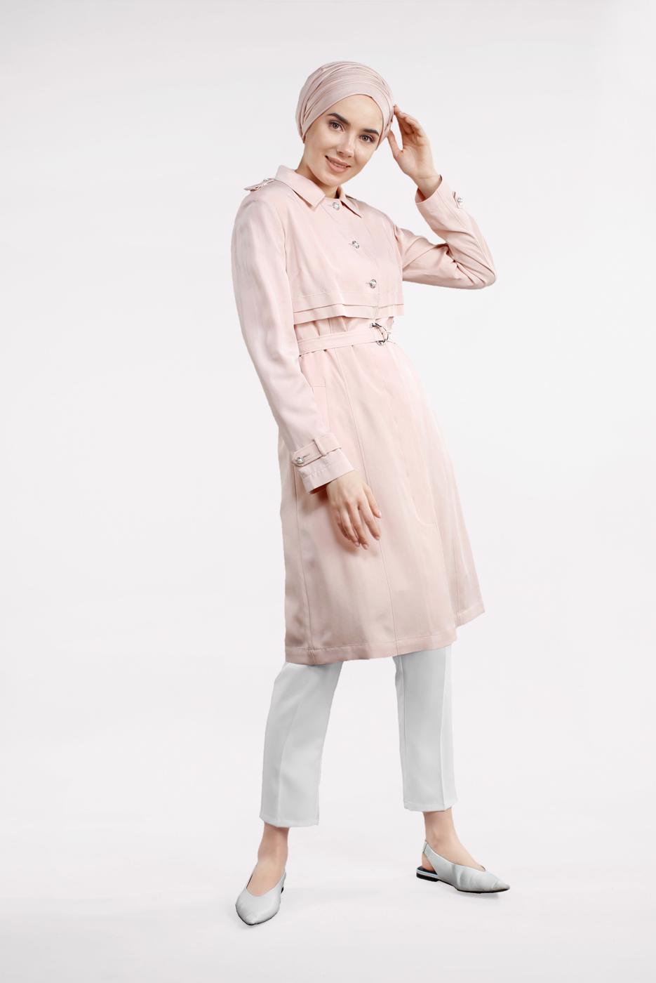 Tesettür giyim PUDRA BEL VE MANŞETİ KEMERLİ DÜĞMELİ TRENÇKOT 1224