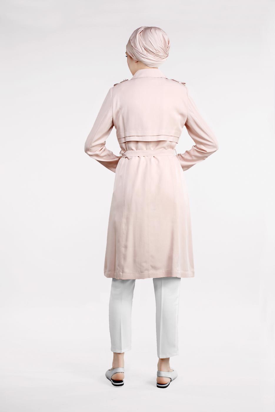 Tesettür giyim PUDRA BEL VE MANŞETİ KEMERLİ DÜĞMELİ TRENÇKOT 1224