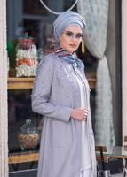 Tesettür giyim GRİ İNCİ DETAYLI FERMUARLI TRENÇKOT 1225 