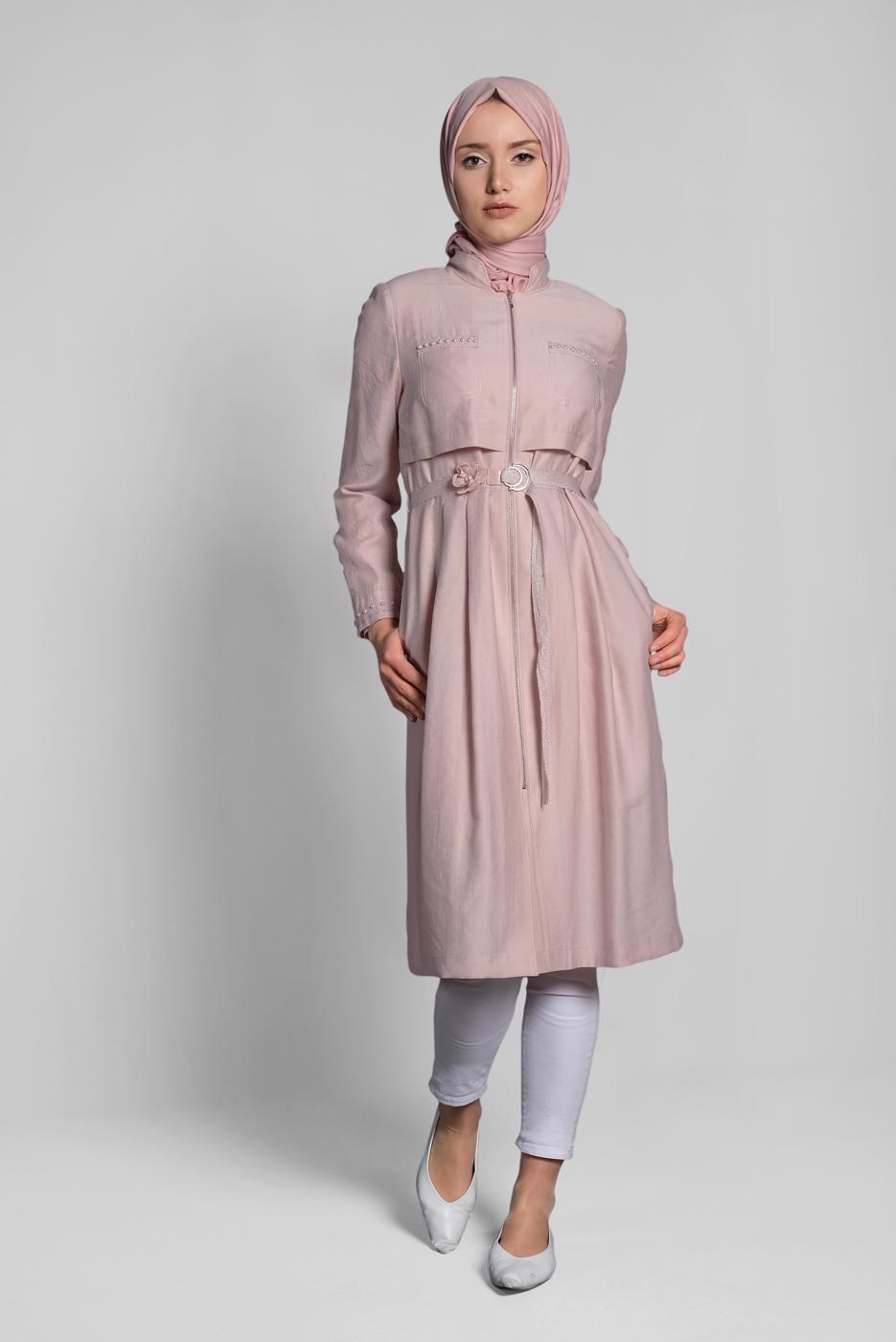 Tesettür giyim PUDRA HAKİM YAKA PAMUKLU TRENÇKOT 1232