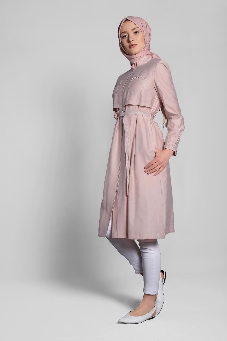 Tesettür giyim PUDRA HAKİM YAKA PAMUKLU TRENÇKOT 1232