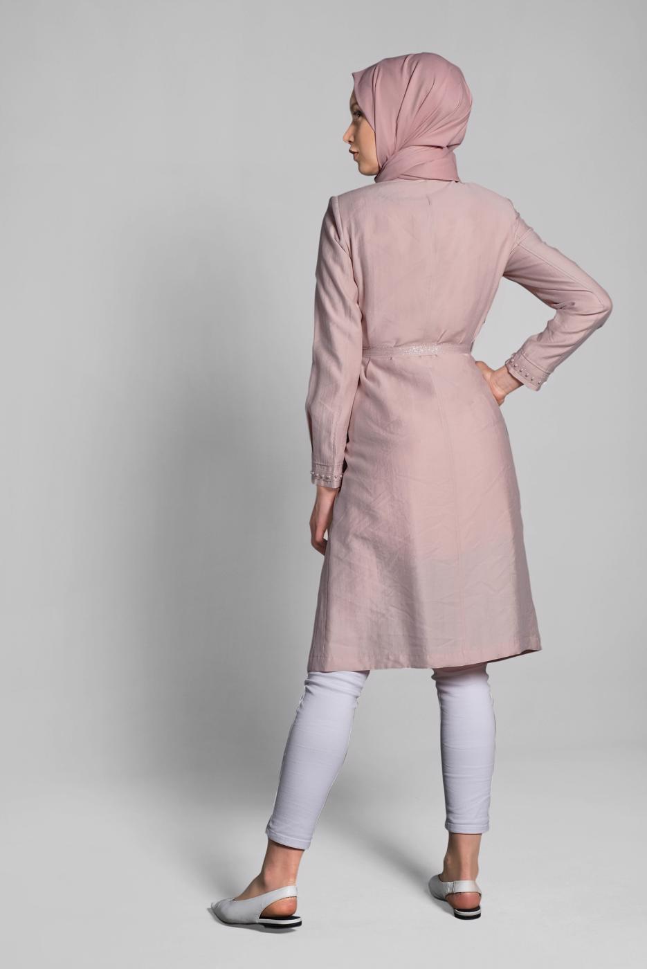 Tesettür giyim PUDRA HAKİM YAKA PAMUKLU TRENÇKOT 1232