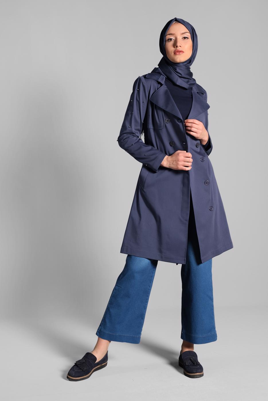 Tesettür giyim LACİVERT KOLLARI İNCİLİ PAMUKLU TRENÇKOT 1240