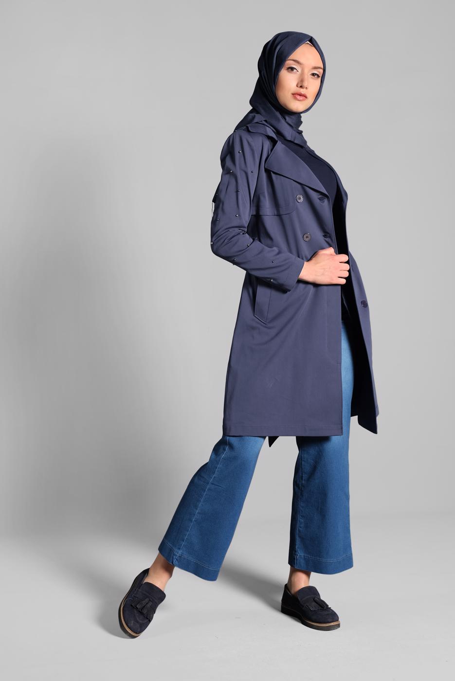 Tesettür giyim LACİVERT KOLLARI İNCİLİ PAMUKLU TRENÇKOT 1240