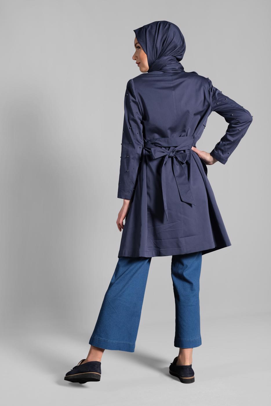 Tesettür giyim LACİVERT KOLLARI İNCİLİ PAMUKLU TRENÇKOT 1240