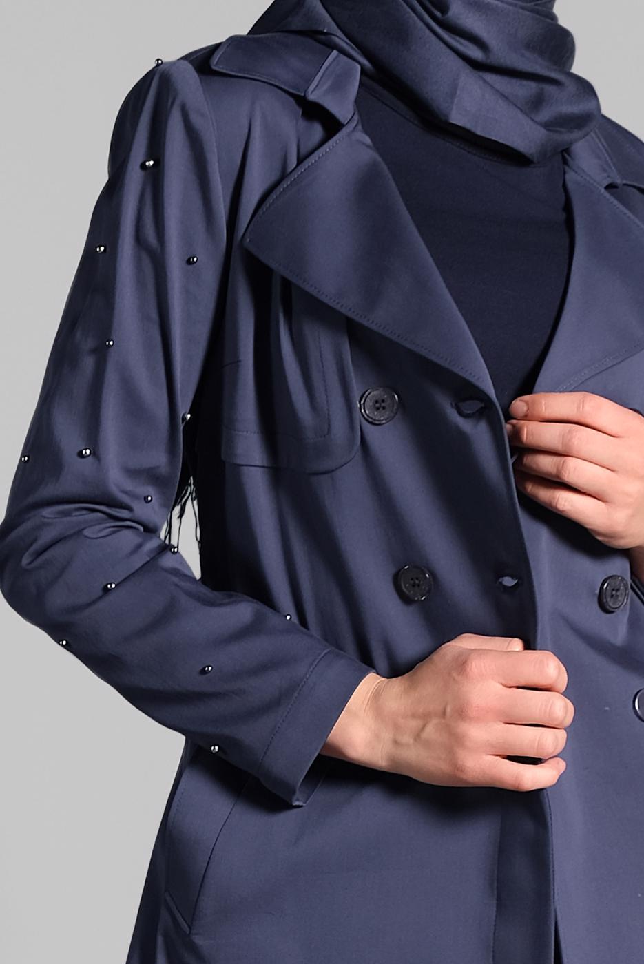 Tesettür giyim LACİVERT KOLLARI İNCİLİ PAMUKLU TRENÇKOT 1240