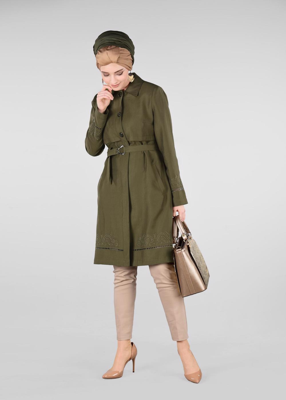 Tesettür giyim HAKİ KEMER DETAYLI TRENÇKOT 1241 