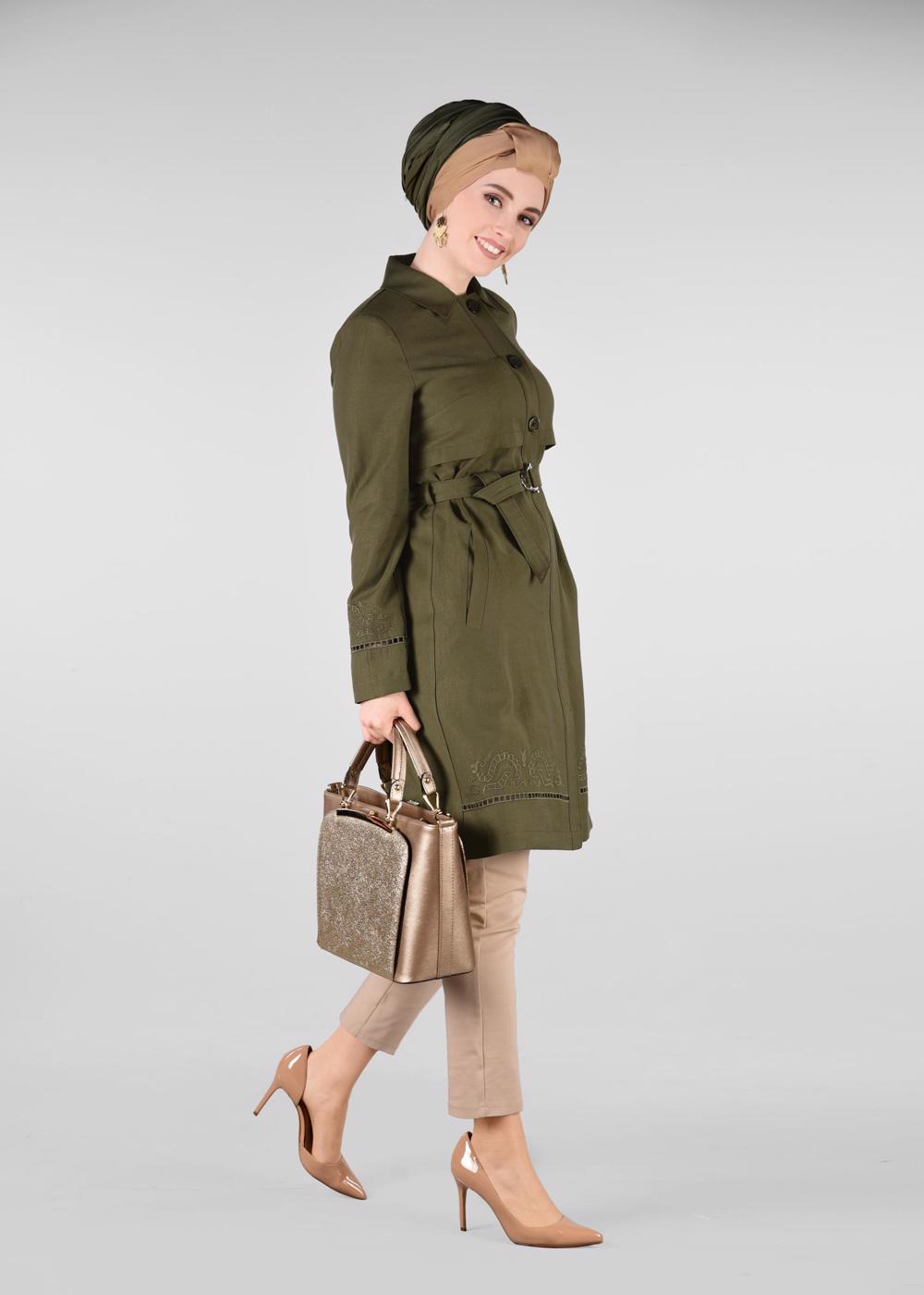 Tesettür giyim HAKİ KEMER DETAYLI TRENÇKOT 1241 