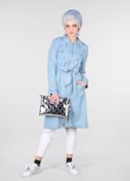 Tesettür giyim MAVİ YAPRAK BASKILI FERMUARLI TRENÇKOT T 1242