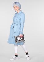 Tesettür giyim MAVİ YAPRAK BASKILI FERMUARLI TRENÇKOT T 1242