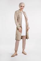 Tesettür giyim BEJ YAPRAK BASKILI FERMUARLI TRENÇKOT T 1242