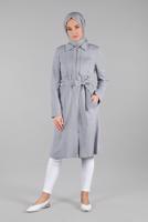 Tesettür giyim GRİ YAPRAK BASKILI FERMUARLI TRENÇKOT T 1242