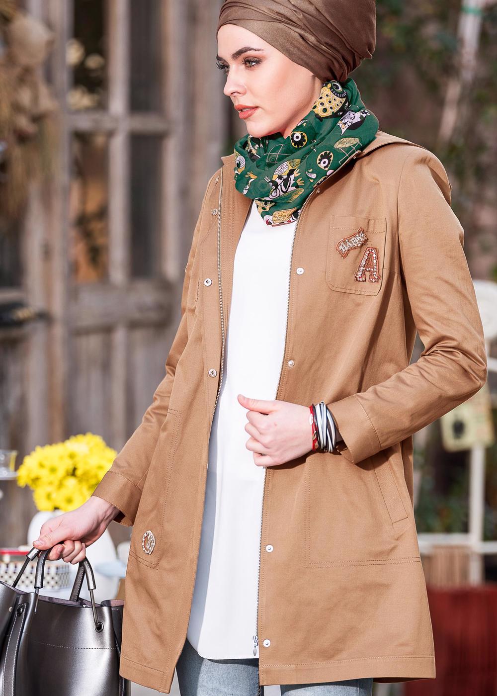 Tesettür giyim PUDRA ÇITÇITLI KAPÜŞONLU TRENÇKOT T 1273 