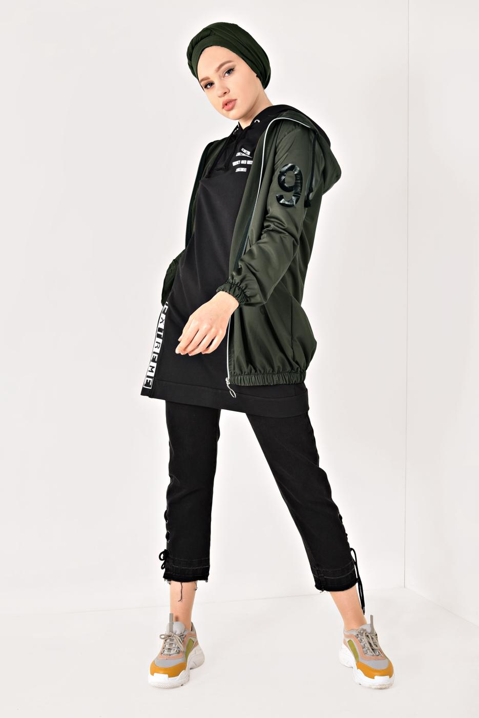 Hijab clothing KHAKI ZIPPED HOODED RAINCOAT 1403 