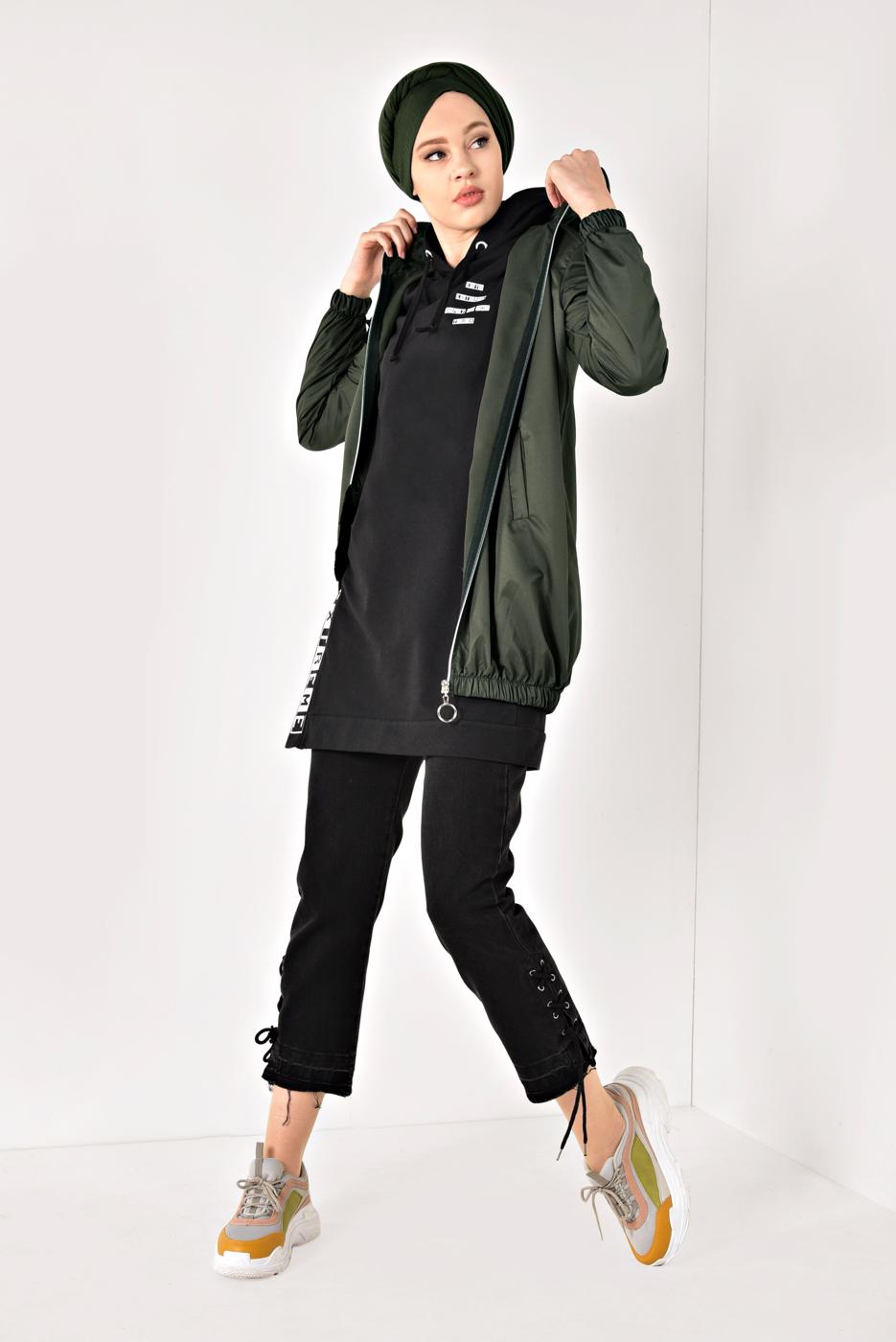 Vêtements hijab KAKI IMPERMÉABLE ZIPPÉ À CAPUCHE 1403 