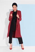 Tesettür giyim KIRMIZI KUŞAKLI DÜĞMELİ TRENÇKOT 1404