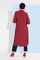 Tesettür giyim KIRMIZI KUŞAKLI DÜĞMELİ TRENÇKOT 1404