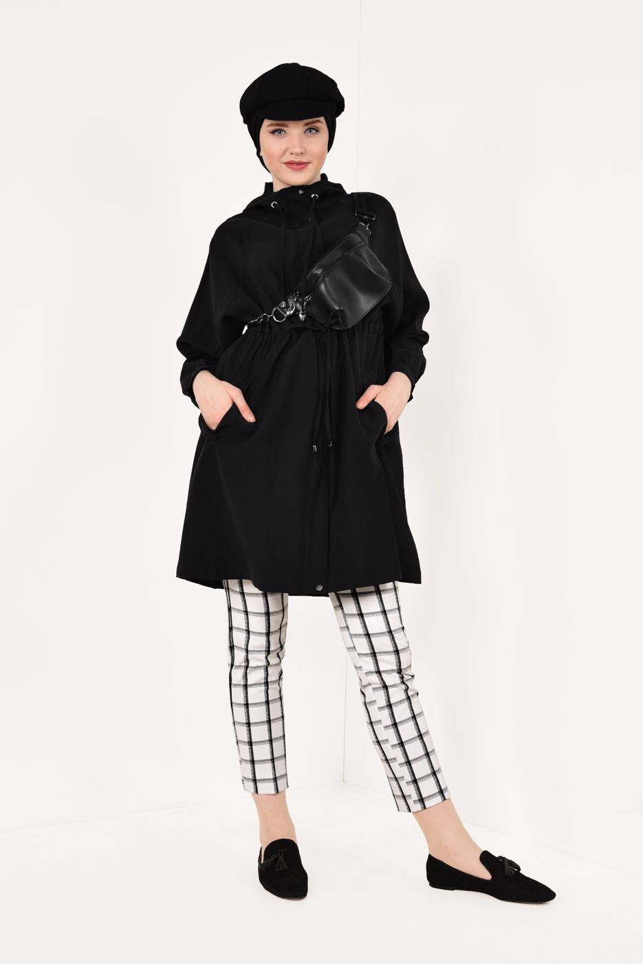 Vêtements hijab NOIR TRENCH-COAT À VOLUME À CAPUCHE 1982