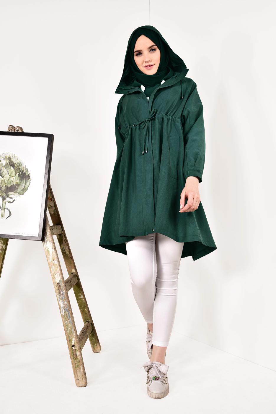 Vêtements hijab VERT TRENCH-COAT À VOLUME À CAPUCHE 1982