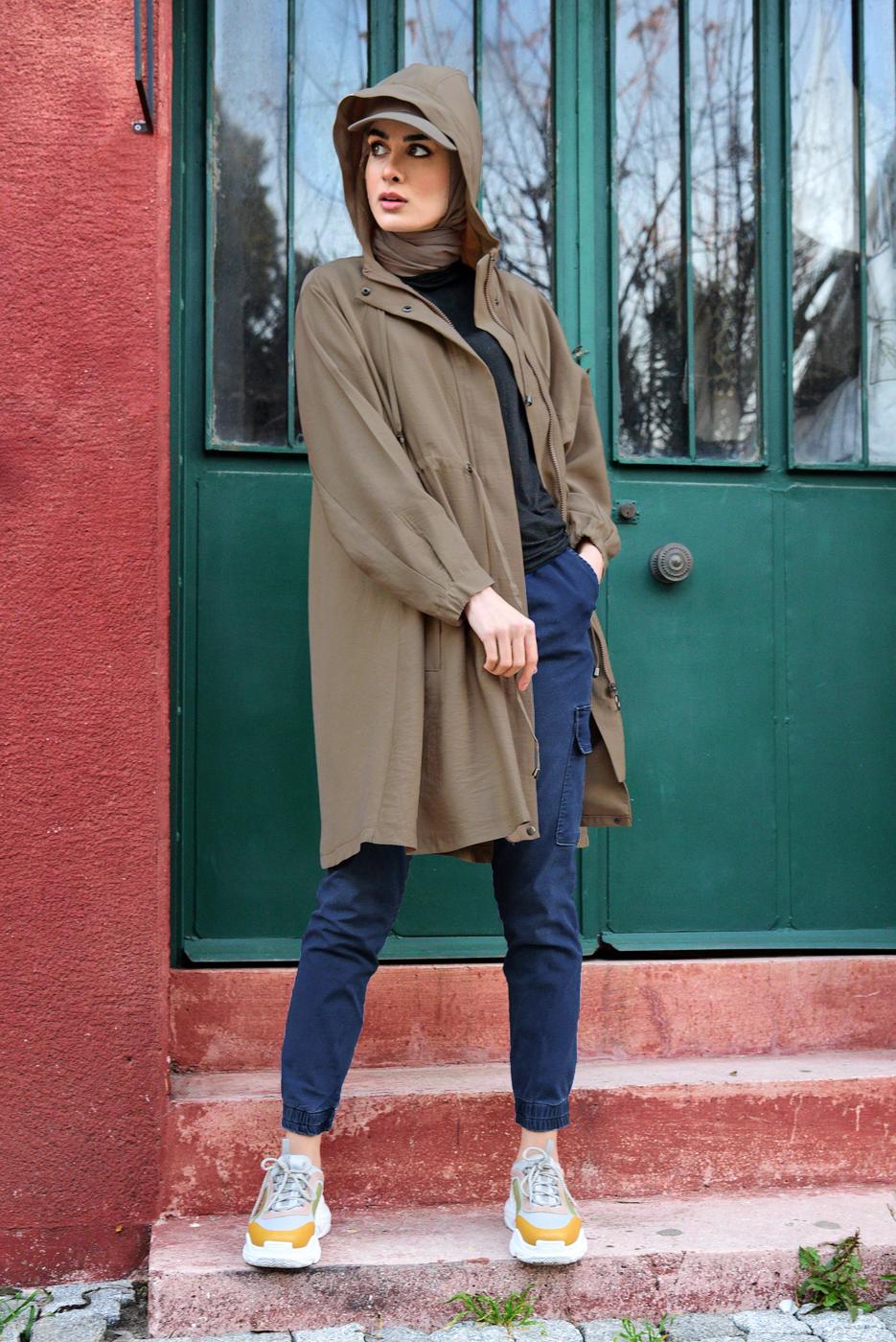 Hijab clothing BROWN VOLUMINOUS HOODED TRENCH-COAT 1982 