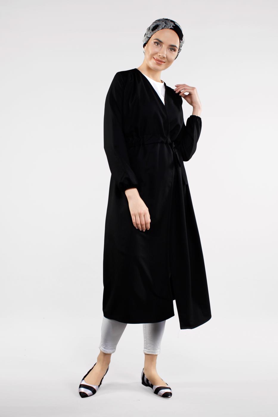 Hijab clothing BLACK Shirred Waist Trench Coat T 2912 