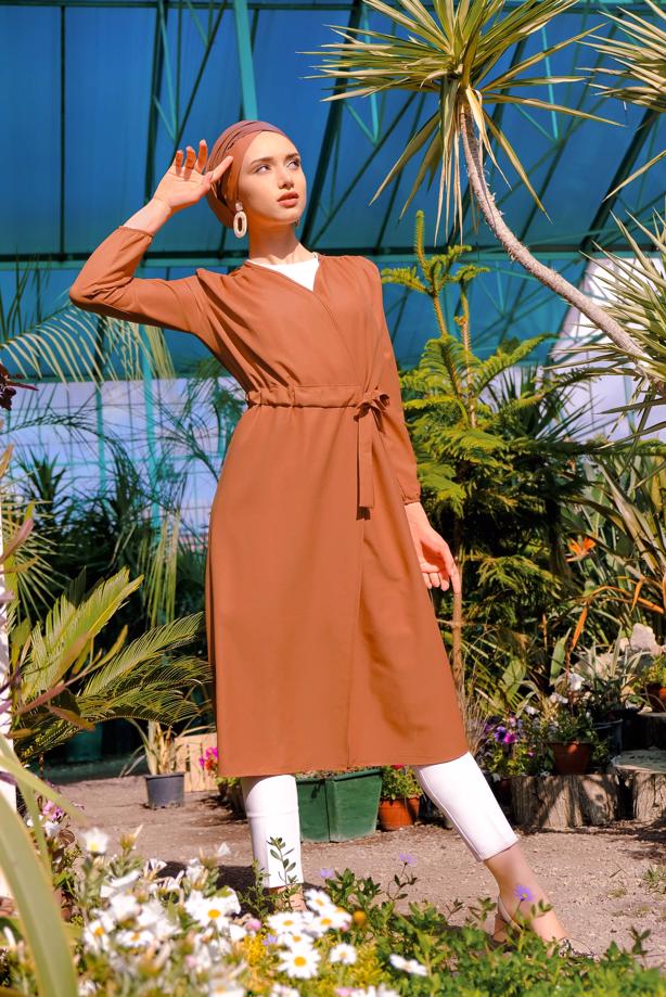 Hijab clothing  Shirred Waist Trench Coat T 2912  - TRENDTESETTÜR