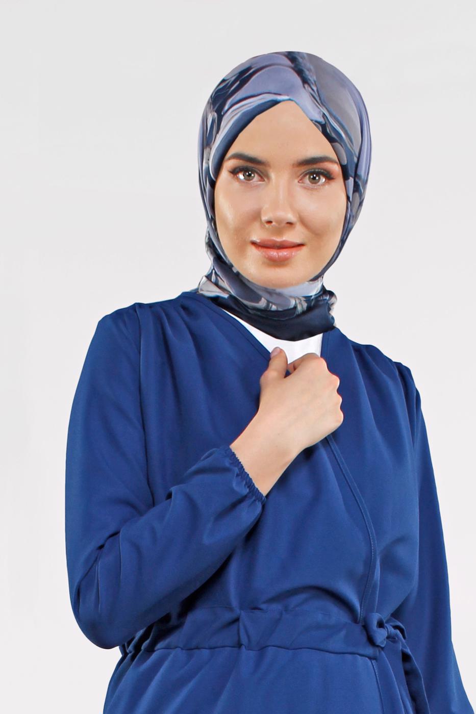 Hijab clothing NAVY BLUE Shirred Waist Trench Coat T 2912 