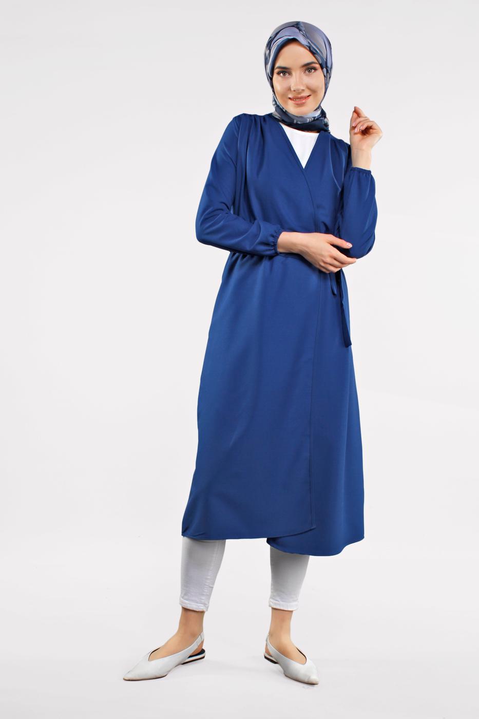 Hijab clothing NAVY BLUE Shirred Waist Trench Coat T 2912 