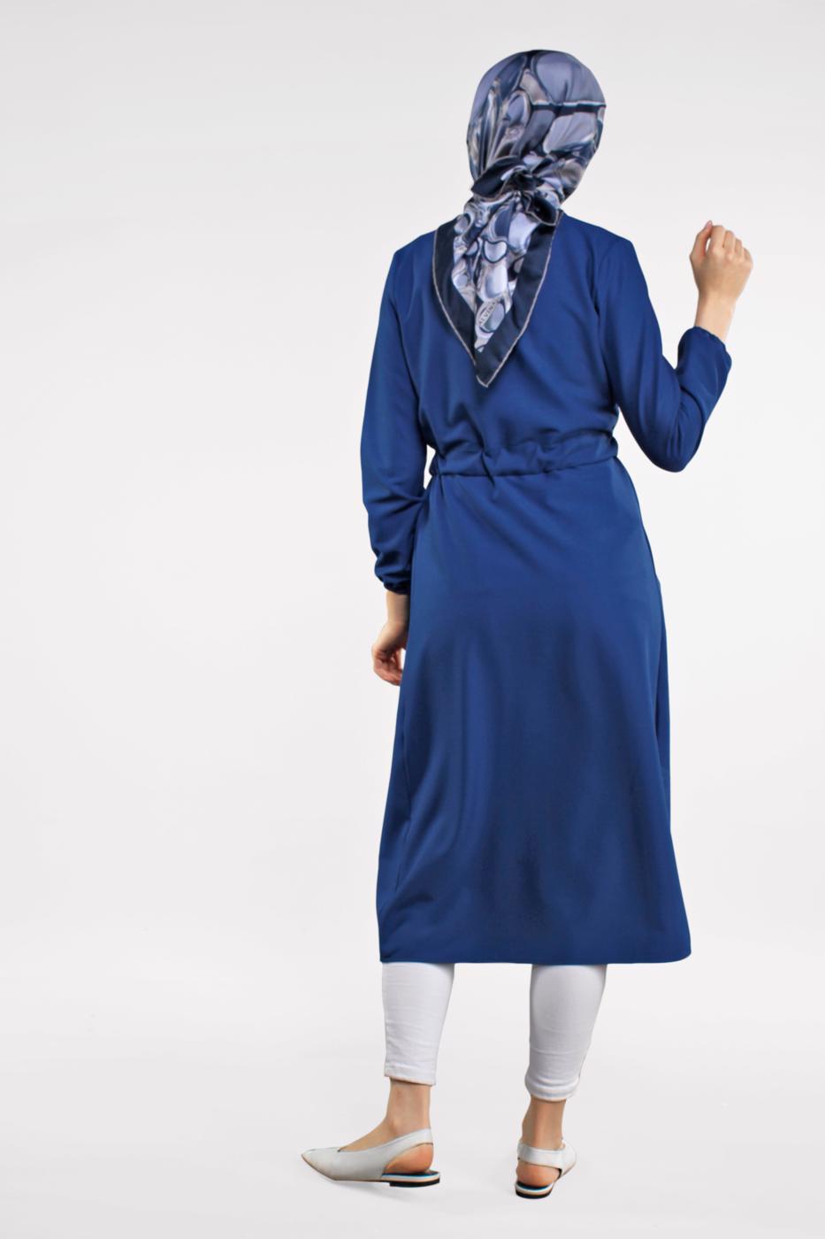 Hijab clothing NAVY BLUE Shirred Waist Trench Coat T 2912 