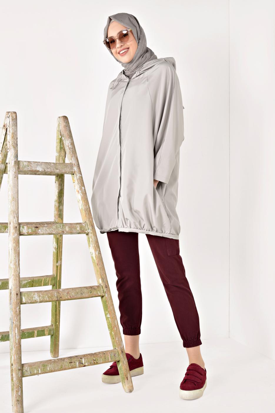 Hijab clothing BEIGE BUTTON TRIMMED HOODED RAINCOAT 4203