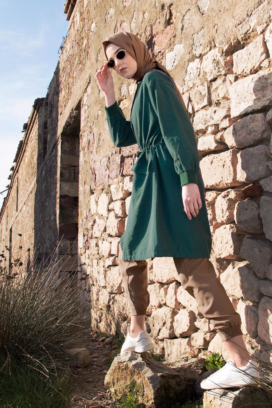 Vêtements hijab VERT TRENCH-COAT TAILLE-NOUÉE 5882