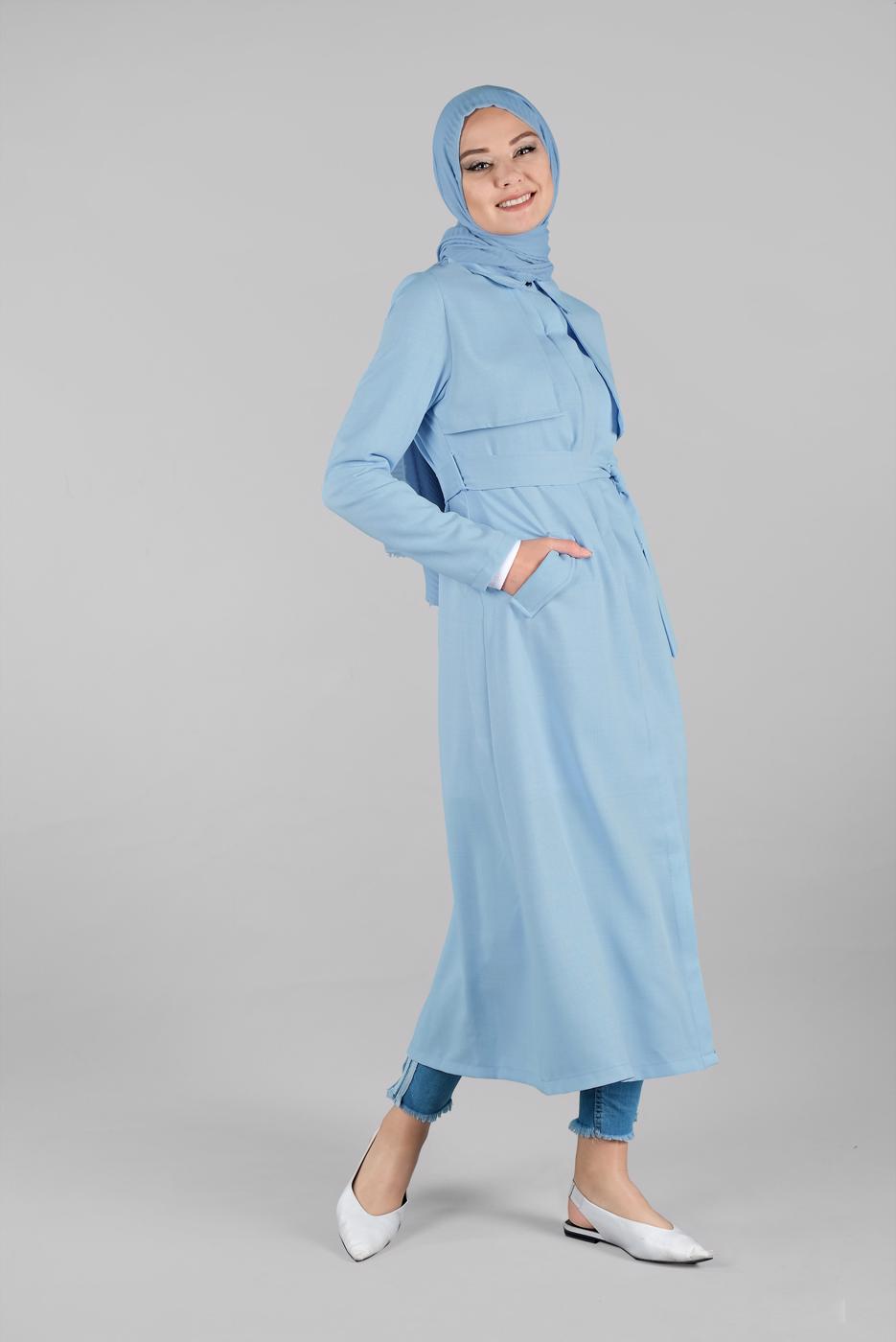 Hijab clothing BLUE HIDDEN-BUTTONED BELTED TRENCH-COAT 8033 