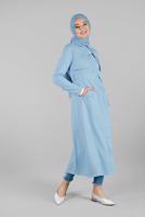 Hijab clothing BLUE HIDDEN-BUTTONED BELTED TRENCH-COAT 8033 