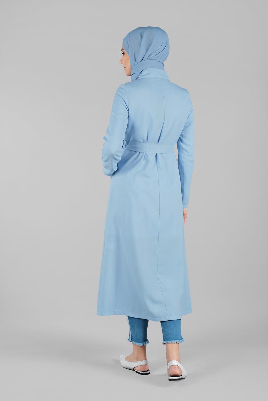 Hijab clothing BLUE HIDDEN-BUTTONED BELTED TRENCH-COAT 8033 