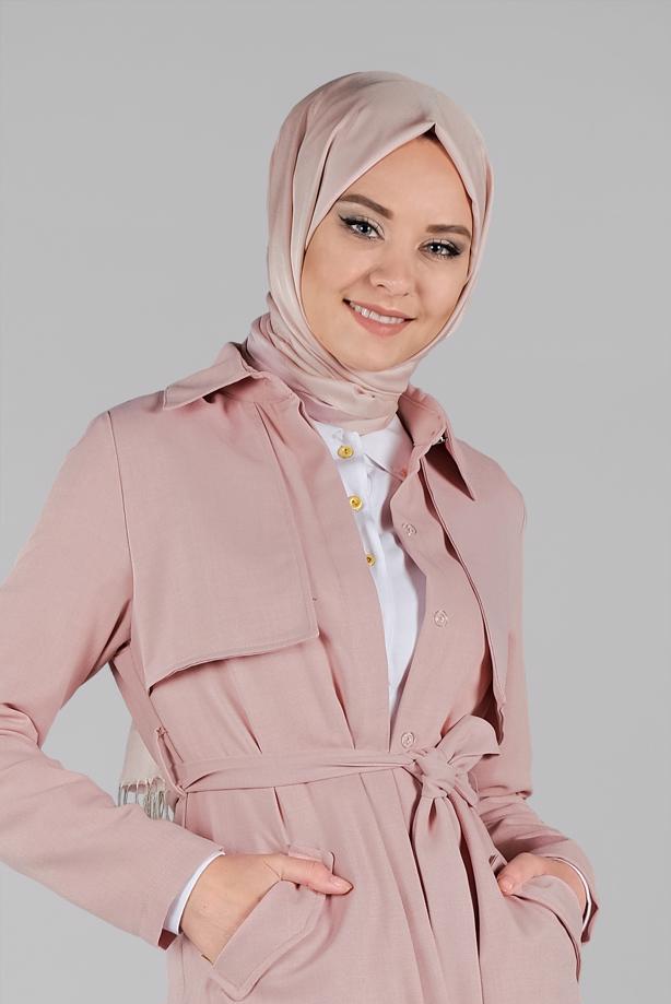 Vêtements hijab  HIDDEN-BUTTONED BELTED TRENCH-COAT 8033  - TRENDTESETTÜR