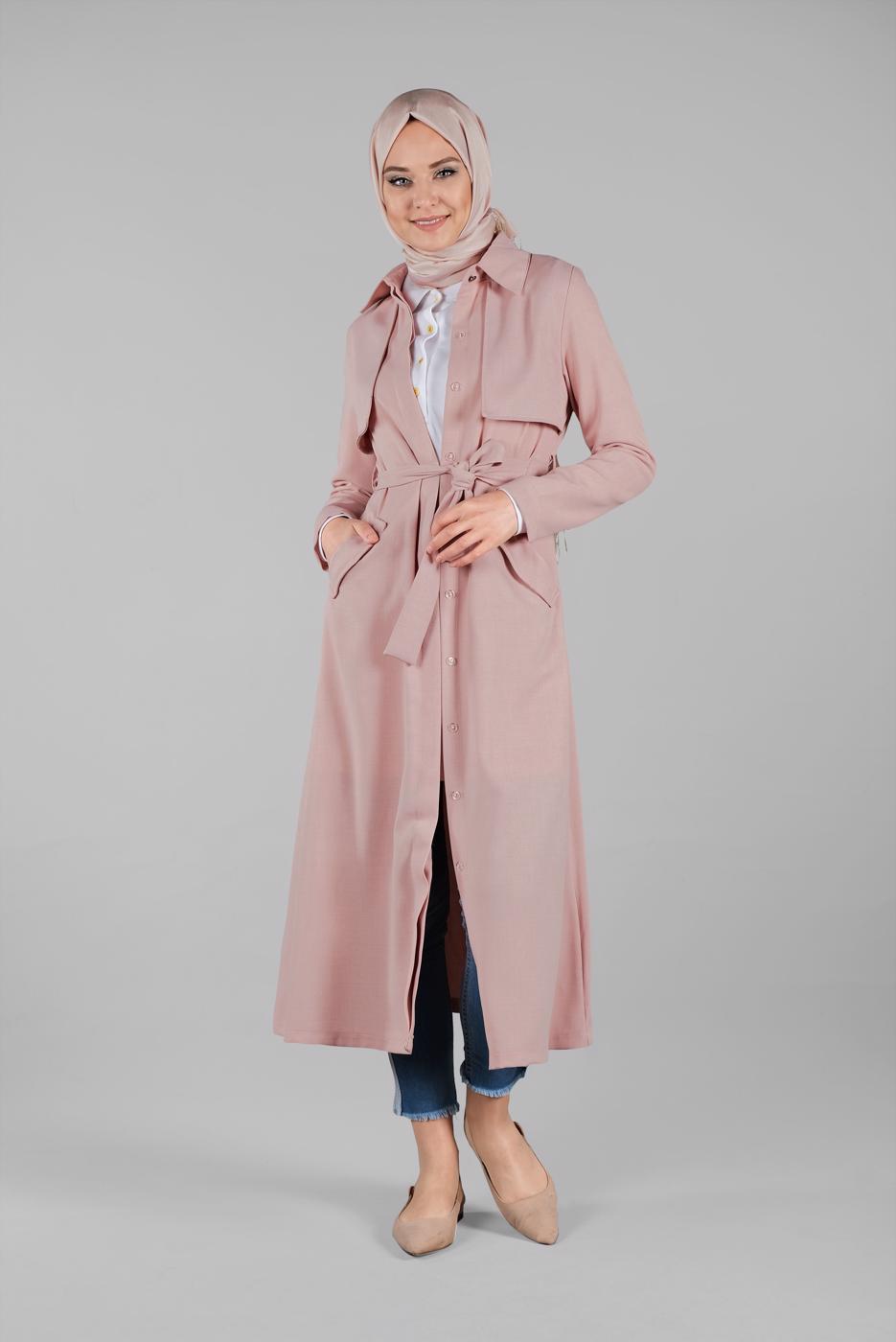 Vêtements hijab POUDRE TRENCH-COAT AVEC CEINTURE 8033
