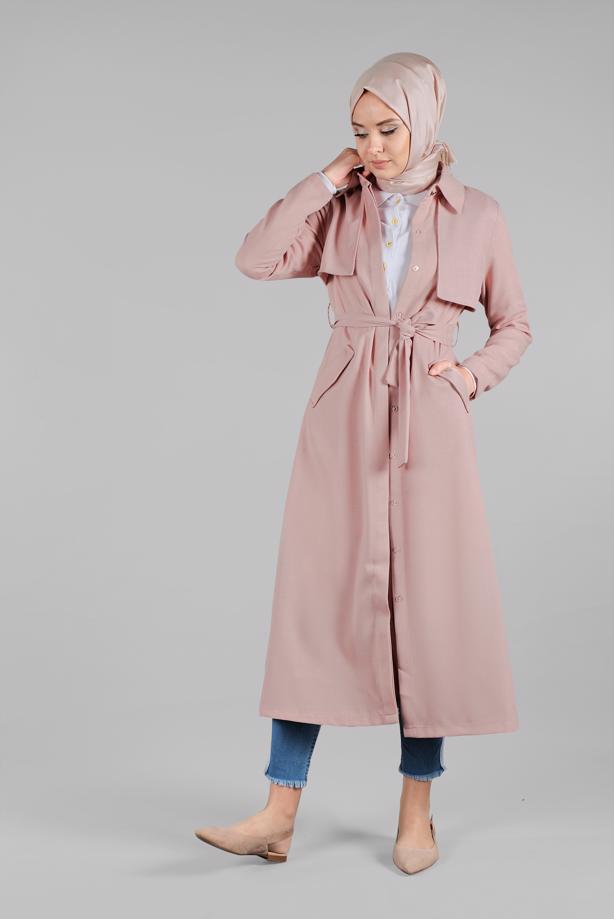 Vêtements hijab  HIDDEN-BUTTONED BELTED TRENCH-COAT 8033  - TRENDTESETTÜR