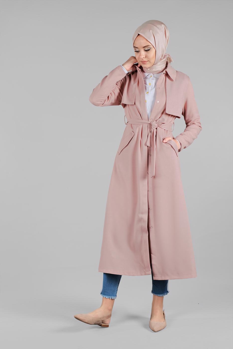 Vêtements hijab POUDRE TRENCH-COAT AVEC CEINTURE 8033