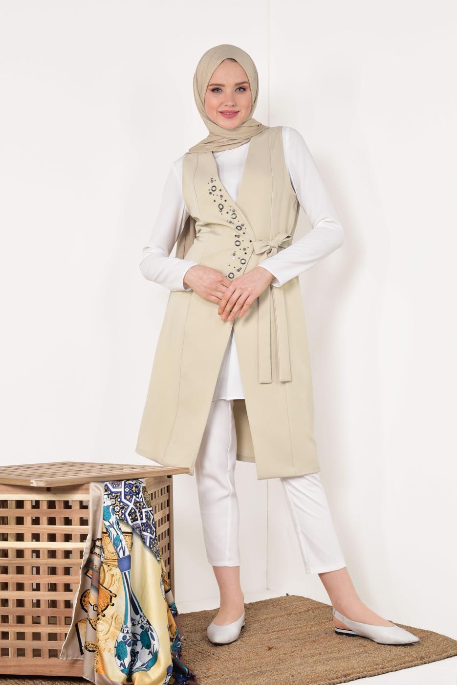 Vêtements hijab BEIGE GILET BRODÉ 175610 